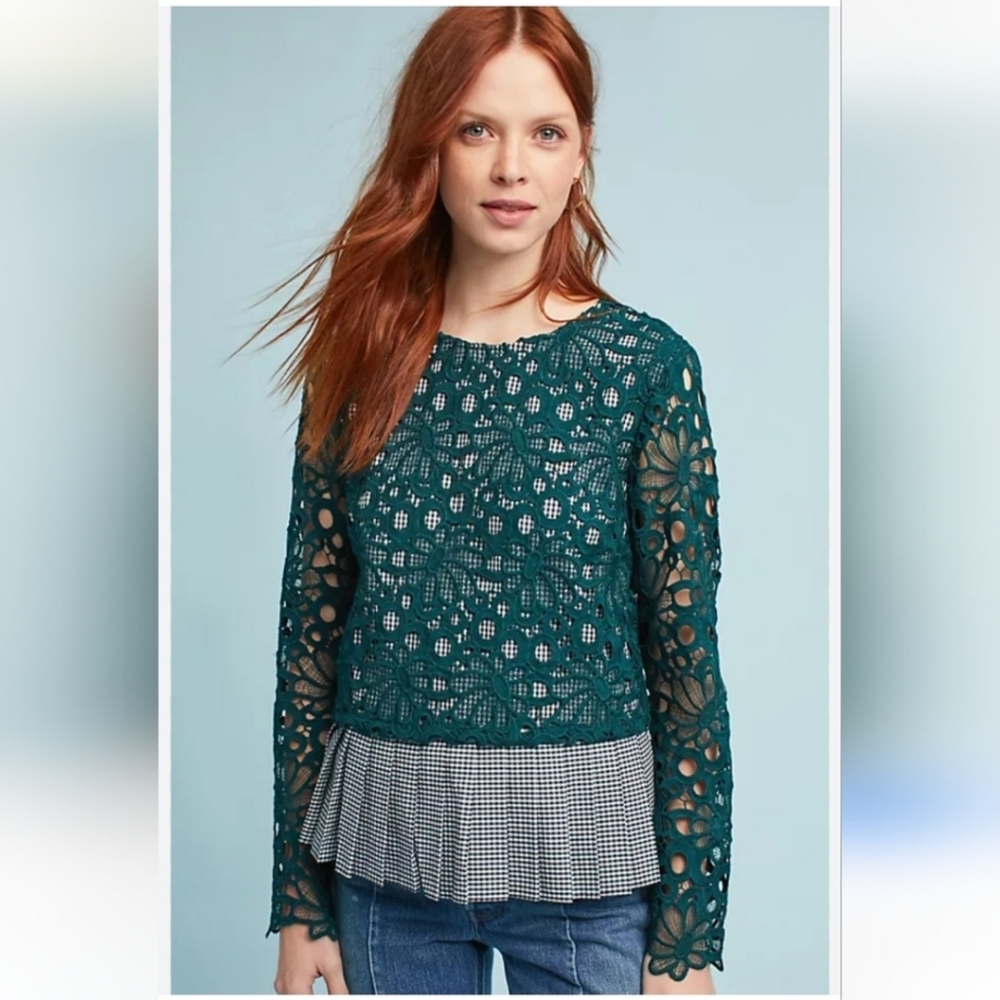 Anthropologie Maeve Gabriella Gingham Lace Long Sleeve Top